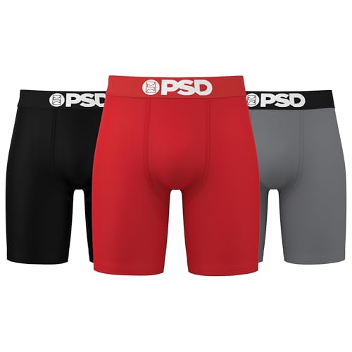 PSD Mens Boxer Briefs - Red Grey Black Cotton 3-Pack, Standard Length Underwear Pack, Breathable Moisture Wicking Boxer Briefs for Men, Large