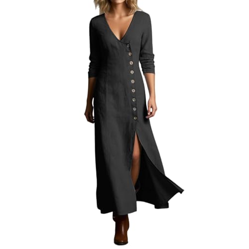 Robe lin manches longues respirante avec bouton diagonal et fente pour un confort fluide