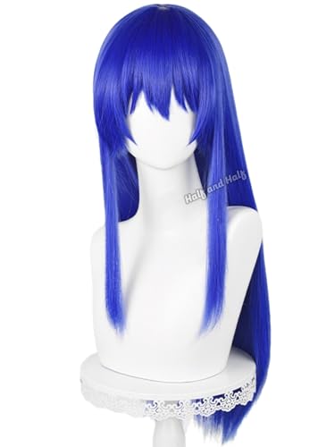 Image of Half and Half Long Deep Blue Anime Wig for Kokomi Teruhashi Cospaly 23.6'' Dark Blue Female Wig with Bangs Sapphire Blue Synthetic Hair Wigs for Women Halloween Party Costumes