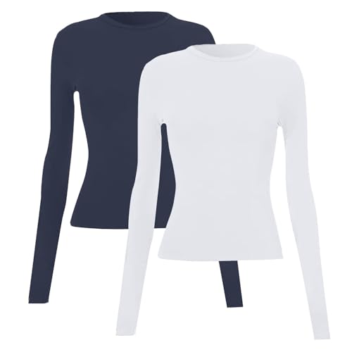 2er Pack Basic Langarmshirt Damen Set Winter Oberteile Y2K Shirt Basic Set Slim Fit Rundkragen Unterziehshirt Langarm Dünn T-Shirt Long Sleeve Shirt Women Casual Athletisches Top