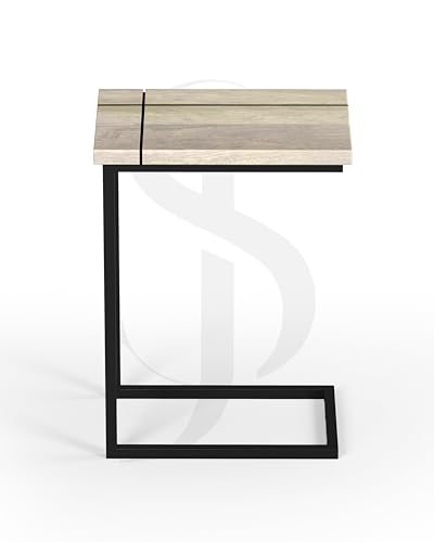 Image of Modern C-Side End Table for Living Room - Mango Wood with Black Metal Frame, Contemporary Sofa Side Table for Bedroom & Office (18L x 11D x 24H Inches) (Distressed White)