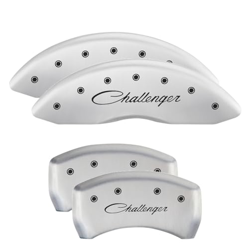 Image of MGP Caliper Covers - Brake Caliper Covers for 2011-2023 Dodge Challenger & 2011-2023 Dodge Charger (Requires Dual Piston Front Caliper) Front and Rear Set (White, Cursive Challenger)