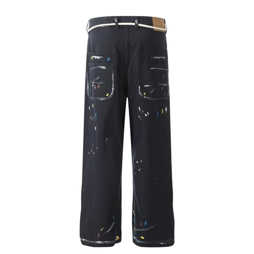 Jeans Pants Trousers Denim Retro Trendy Street Spray Paint Dot Painting Personalized Casual Black Straight Leg for Men4