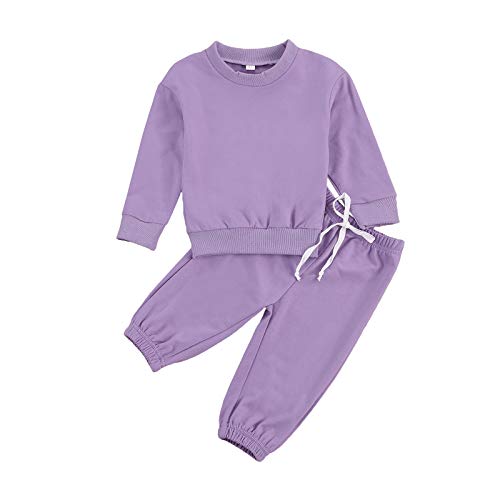 Honganda 2Pcs Toddler Baby Girl Plain Solid Sweatshirt Pullover Tops Drawstring Sweatpants Joggers Casual Fall Winter Outfit Set (Purple, 3-4T) #TOP18