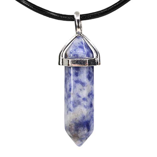 CHENYUE Semi Precious Stones Collection Hexagonal Pointed Beads Pendant Leather Necklace Blue Spot Jasper 18 Inch Cord 1 Grey Pouch