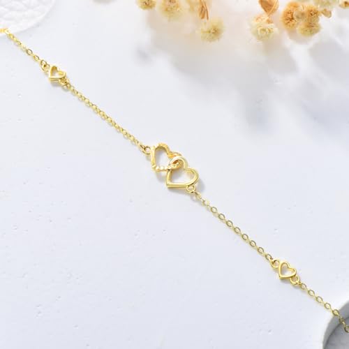 Image of 14K Real Gold Heart /Corss Ankle Bracelet for Women Yellow Gold Anklet Love Ankle Bracelet Anniversary Jewelry for Wife Birthday Gifts for Her 8''-10''