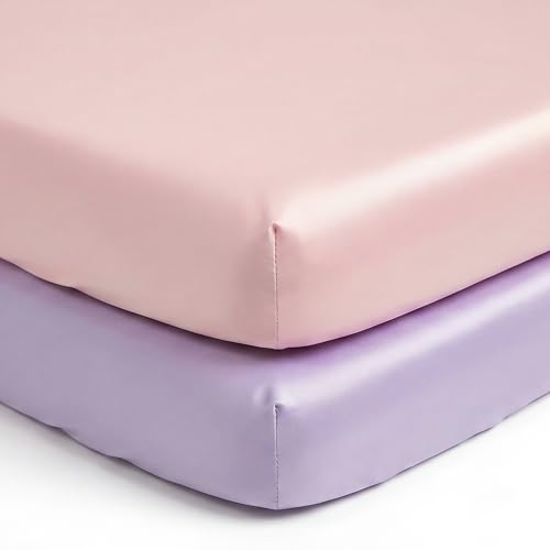 Image of Pro Goleem Satin Mini Crib Sheets 2 Pack, Pink & Purple Silky Soft Fitted Sheet for Baby Hair Protection, 38 inchx24 inchx5 inch Breathable Mattress Cover Compatible with Pack n Play & Portable Crib