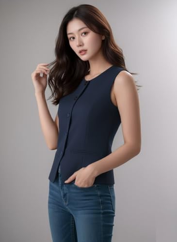 Image of ROCKSY Women Stretch Waistcoat - Sleeveless Lightweight Round Neck Premium Vest with 2 Pockets | Ideal for Formal, Office, Casual, Party