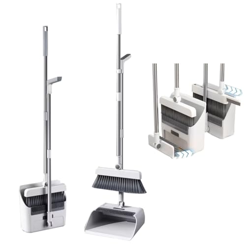 4-in-1 Dustpan and Brush Set Long Handled, 180° Rotating Broom with Upright Foldable Dustpan & Teeth Comb, Space-Saving Standing Broom and Dustpan for Home Kitchen Office