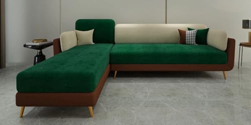 Image of Polyester Velvet Contemperory Sofa Set with Cushion Chaise Lounge, Sectional Sofa Perfect for Your Living Room,Guests Room & Office. (Green & Beige, RHS 5 Seater)