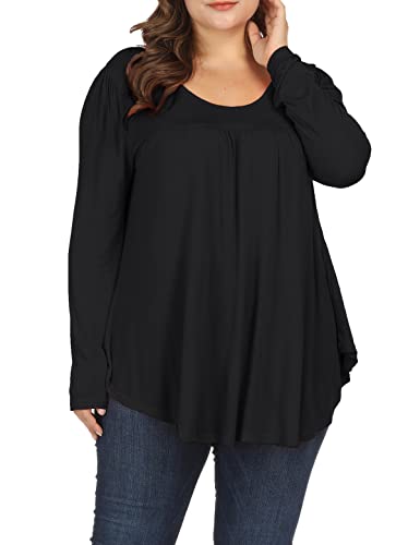 ALLEGRACE Women Plus Size Casual Pleated Long Sleeve Blouse Top Round Neck Flowy T Shirts Black 4X