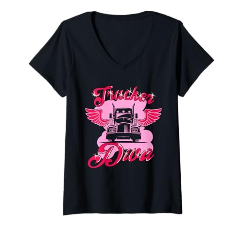Mujer Trucker Diva Trucking Art Para Mujeres Camionero Conductor Camionero Camiseta Cuello V