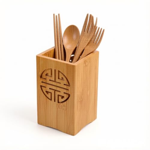 Cabilock Bamboo Utensil Holder with Drain Holes, Chopstick Spoon and Spatula Draining Holder for Kitchen Countertop Organization, Compact Cutlery Drying Caddy, 5.90X3.34X3.34 Inch