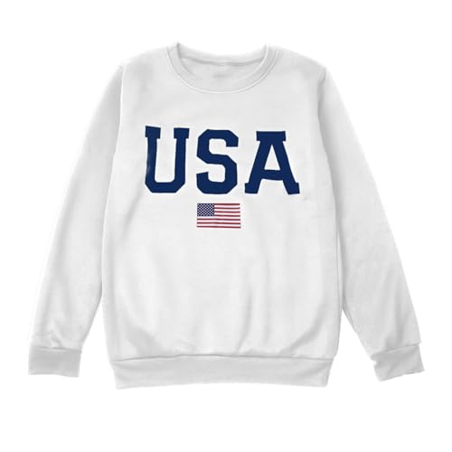Moletom feminino grande de manga comprida, casual, com estampa da bandeira dos EUA, gola redonda e e