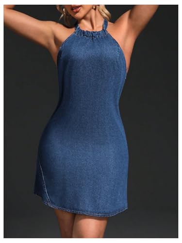Floerns Women's Halter Tie Back Denim Dress Sleeveless Casual Short Dresses4