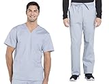 Men Scrubs Set Workwear Professionals WW695 V-Neck Top & WW190T Tapered Leg Fly Front Cargo Pant, Grey- L Top/L Tall Pant