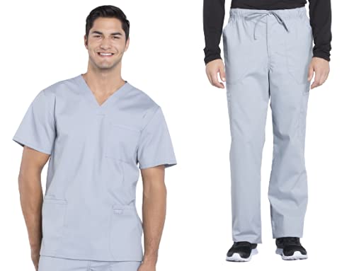 Men Scrubs Set Workwear Professionals WW695 V-Neck Top & WW190S Tapered Leg Fly Front Cargo Pant, Grey- XS Top/XS Short Pant