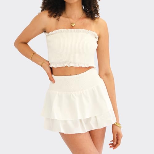 Faretumiya Women Y2k Layered Ruffle Mini Skirt High Waist Smocked Flowy Pleated Tiered A Line Boho Short Going Out Skirt2