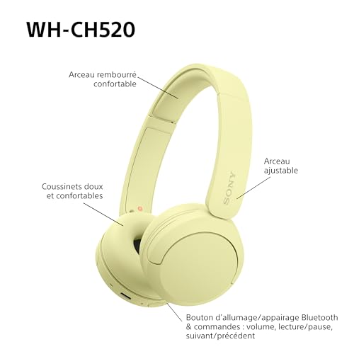Sony WH-CH520 - Casque Bluetooth sans Fil, Multipoint, Micro intégré - jusqu'à 50 Heures d'autonomie et Charge Rapide - Jaune