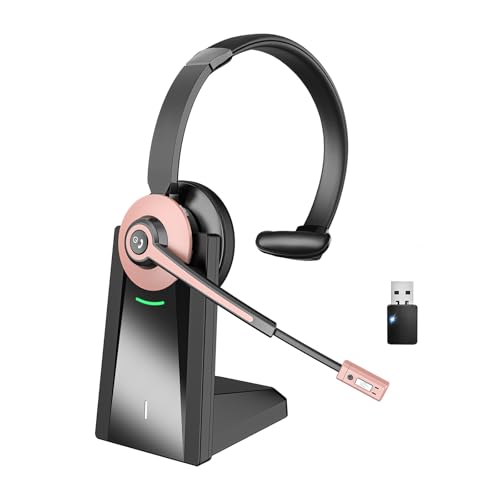 Wireless Headset with Mic for Work, Wireless Headset with Microphone (Noise Cancelling & Mute Button, USB Dongle & Charging Base), Bluetooth Headphones for Home/Office/Computer/Laptop/Phone/Teams/Zoom