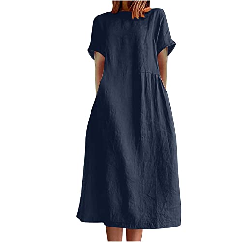 Abito Lino Donna Estivo Vendita, 2025 Moda Vestito Donna Estivo con Maniche Corte Vestiti Scollo Girocollo Bohémien Mini Abito con Tasche Elegante Vestitini Leggera Abiti per Mare Spiaggia Vacanza