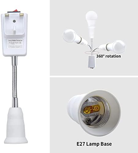 Bonlux Flexible Lamp Holder, E27 LED Lamp Socket White, Extension Screw Lamp Adapter with On/Off Switch, Plug in Wall Lights 360 Degree Flexible 20CM with Standard UK Plug (Bulb not Included)