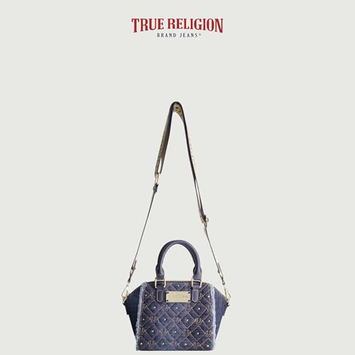 True Religion Women's Satchel Bag, Frayed Denim Crossbody Handbag Purse with Adjustable Shoulder Strap, Denim2