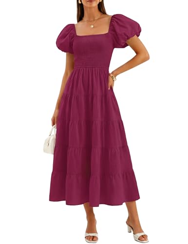 Image of ZESICA Women's 2026 Summer Puff Sleeve Midi Dress 2026 Boho Solid High Waist Flowy Beach Wedding Guest Long Dresses