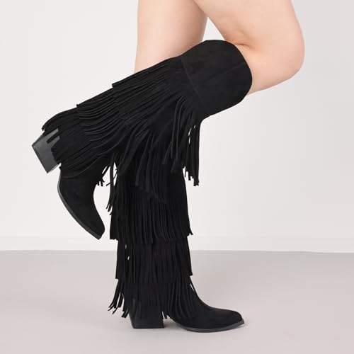 Cowgirl Boots for Women Retro Pointed Toe Pull On Block Chunky Heel Fringe Country Concert Outfits Knee High Western Suede and Faux Leather Cowboy Boots3