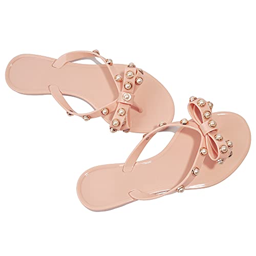 Image of TYFLOVE Women Rivet Flip Flops Studded Jelly Thong Sandals with Bow Summer Bowtie Flat Beach Rain Shoes