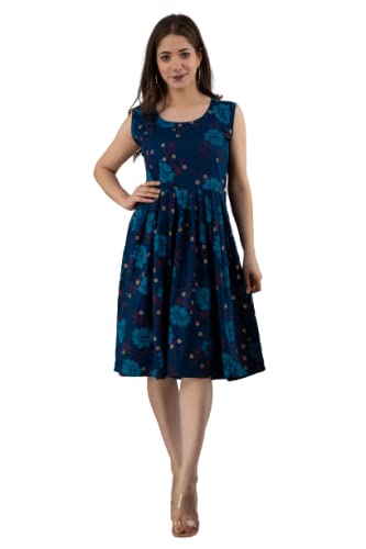 Rayon Flower Printed Skater Maxi Dress (Skater-M) Blue