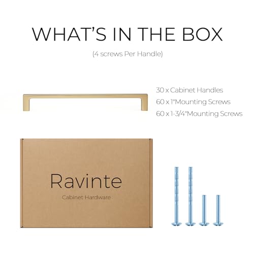 Image of Ravinte Champagne Bronze Kitchen Square Cabinet Handles 7-1 /2 Inch 30 Pack | Modern Slim Style, Solid Zinc, Square Design, Screws Included, Easy Installation, for Kitchen Drawers & Cupboards
