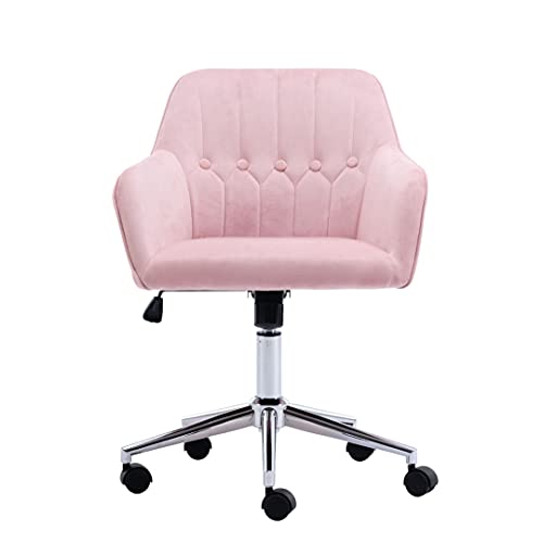 Velvet Desk Chair Home Office Chairs Swivel Vanity Chair with Wheels Tufted Accent Armchair Adjustable Computer Task Chair for Bedroom Living Room Study Room (Pink)
