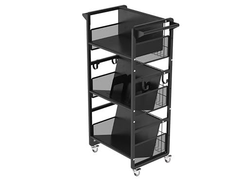 Ornesitaファイルワゴン 本棚 書類棚 書類収納 キャスター付き大容量収納 ファイルラック 可動棚3 段 組み立て簡単 教科書収納 雑誌/絵本/漫画収納 クリアファイル 収納 子供部屋/教室収納棚 (ブラック幅44×奥行32×高さ95cm)