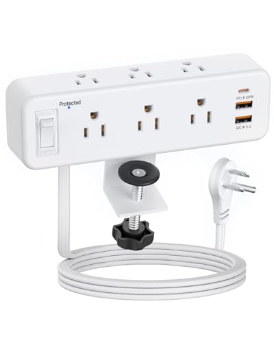 Desk Clamp Power Strip with PD 20W USB C, Desktop Edge Mount Surge Protector with 6 Outlet, Table Socket with Switch, 6 ft Flat Plug Slim Extension Cord, Fit 1.8 inch Tabletop Thick