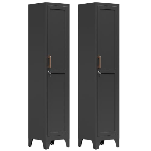 Image of 67 inchH Black Metal Locker with 1 Lockable Door and 4 Adjustable Shelves For Employees, 5 Tier Thin Storage Cabinet with Detachable Legs and Gold Handle for Kitchen,Office,Gym,School,Easy Assembly 2Pcs