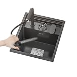 Black Single Bowl Kitchen Bar Space-Saving Invisible Sink RV Single Bowl with Cover Small Embedded Siphon Sink Stainless Steel Multi-Function Faucet(2)