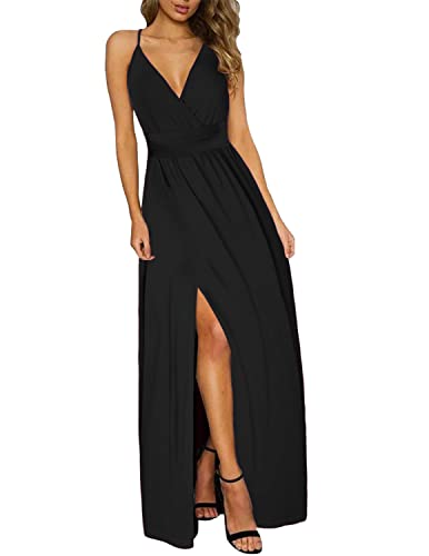UUAISSO Robe Boho d'été pour Femme Bretelles Spaghetti Col en V Couleur Unie Floral Plage Longue Robe Maxi Noir S