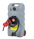 15 gal Gas Can, Heavy-Duty Gas Tank and Fuel Caddy with Manual Fuel Transfer Pump, Portable Fuel Tank on Wheels with 10 ft Hose for Lawn Mowers, Cars, Boats, ATVs, Home and Farm Use, Grey