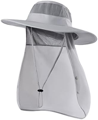 Sclzoed Fishing Hat for Men，Outdoor Sun Hat UPF52+ Mesh Wide Brim Fishing Hat with Neck Flap Light Gray