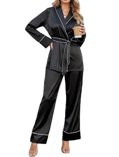 Ekouaer Satin Lounge Sets for Women 2 Pieces Silk Pajamas Set Long Sleeve Top with Pants Outfits with Belt
