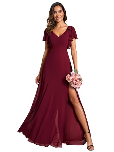 Ever-Pretty Vestidos Honor para Mujer Cuello en V Mangas Volantes Cintura Imperio Vestido Formal Burdeos 38