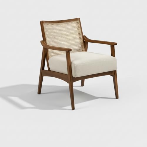 Image of APRODZ Mango Wood Arm Chair for Living Room with Cane Back & Wooden Armrest | Solid Wood Chair for Home Use Bedroom Dining Drawing Room and Balcony | Solid Wood Accent Chair, Brown Finish
