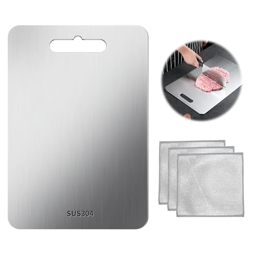 Tabla de corte de acero inoxidable 304, sin BPA a ambos lados Tabla de carnicero para carne queso tablas de corte 39x 28 CM con paños de alambre multiusos