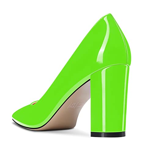 NobleOnly Women High Chunky Block Heel Square Close Toe Slip-on Pumps Classic Cute Dress Shoes 3.3 Inches Heels3