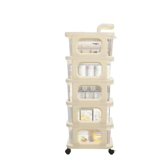 ´¢Îï³µ 5 Tier PP Storage Cart,Creamy White+ Clear Rolling Storage Organizer With 4 Wheels Freestanding 27 * 36 * 96cm for Bedrooms-EVVd9M8Z