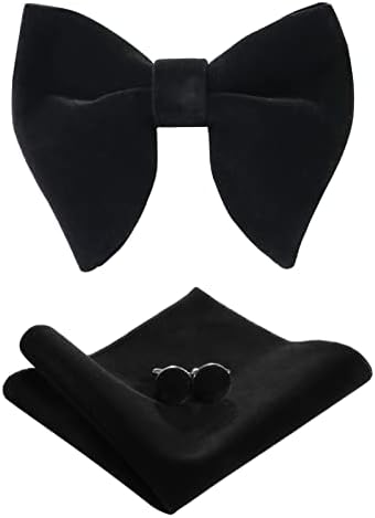 PACGOTH Bow Ties for Men Pre-Tie Bow Tie Vintage Tuxedo Oversized Velvet Bowtie Cufflinks Pocket Square Sets for Wedding & Party with gift Box (Black)