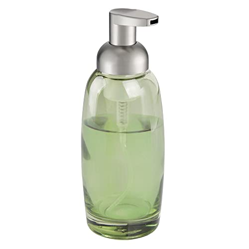 mDesign Refillable Glass Foaming Hand Soap Dispenser - Foam Soap Pump Bottle Container for Bathroom Counter Top - Decorative Foam Soap Dispenser - Malloy Collection - Green/Brushed Chrome