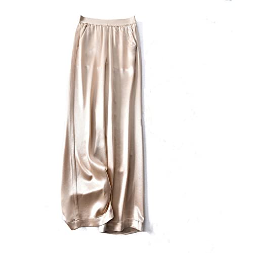 Pantaloni Larghi Da Donna In Raso - Pantaloni Larghi A Vita Alta Da Donna Estivi Pantaloni Dritti Larghi Sottili Di Colore Champagne Pantaloni Da Ufficio Casual Pantaloni Eleganti Taglie Forti,Cham