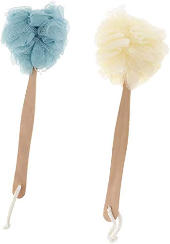 Esponja de baño de malla de mango largo para cuerpo y espalda en un palo con un mango de madera para hombres y mujeres, fácil de alcanzar, 2 unidades